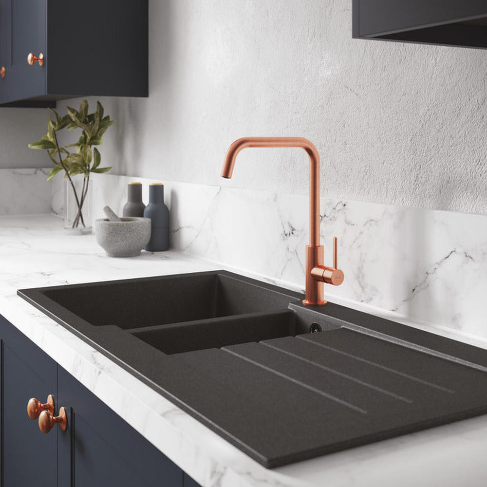 Abode Xcite Inset Mount  One and Half Bowl Kitchen Sink For 600mm Cabinet in Composite Black Metallic Lifestyle