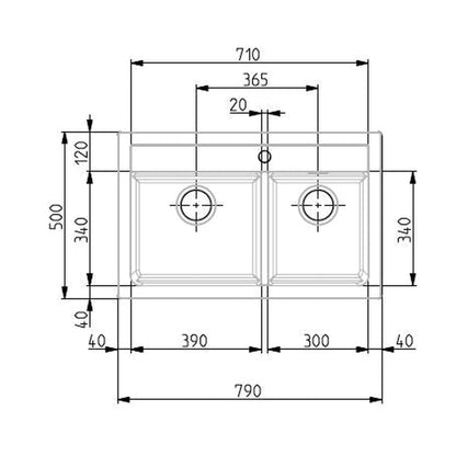 Alveus Atrox 50 Undermount Sink For 800-900mm Cabinet In Double Bowl Carbon 1132002M Dimensions