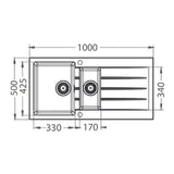 Alveus Cadit 80 Inset Sink For 600mm Cabinet In One and half bowl Carbon 1140603N Dimensions