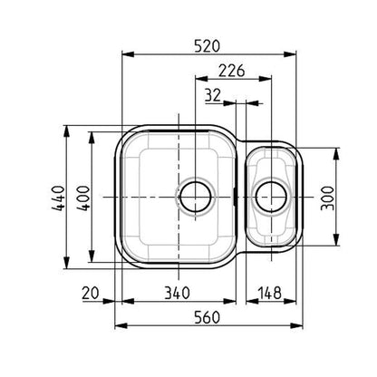 Alveus Duo 70 Undermount Sink For 600mm Cabinet In One and half bowl Stainless Steel 1039363N Dimensions