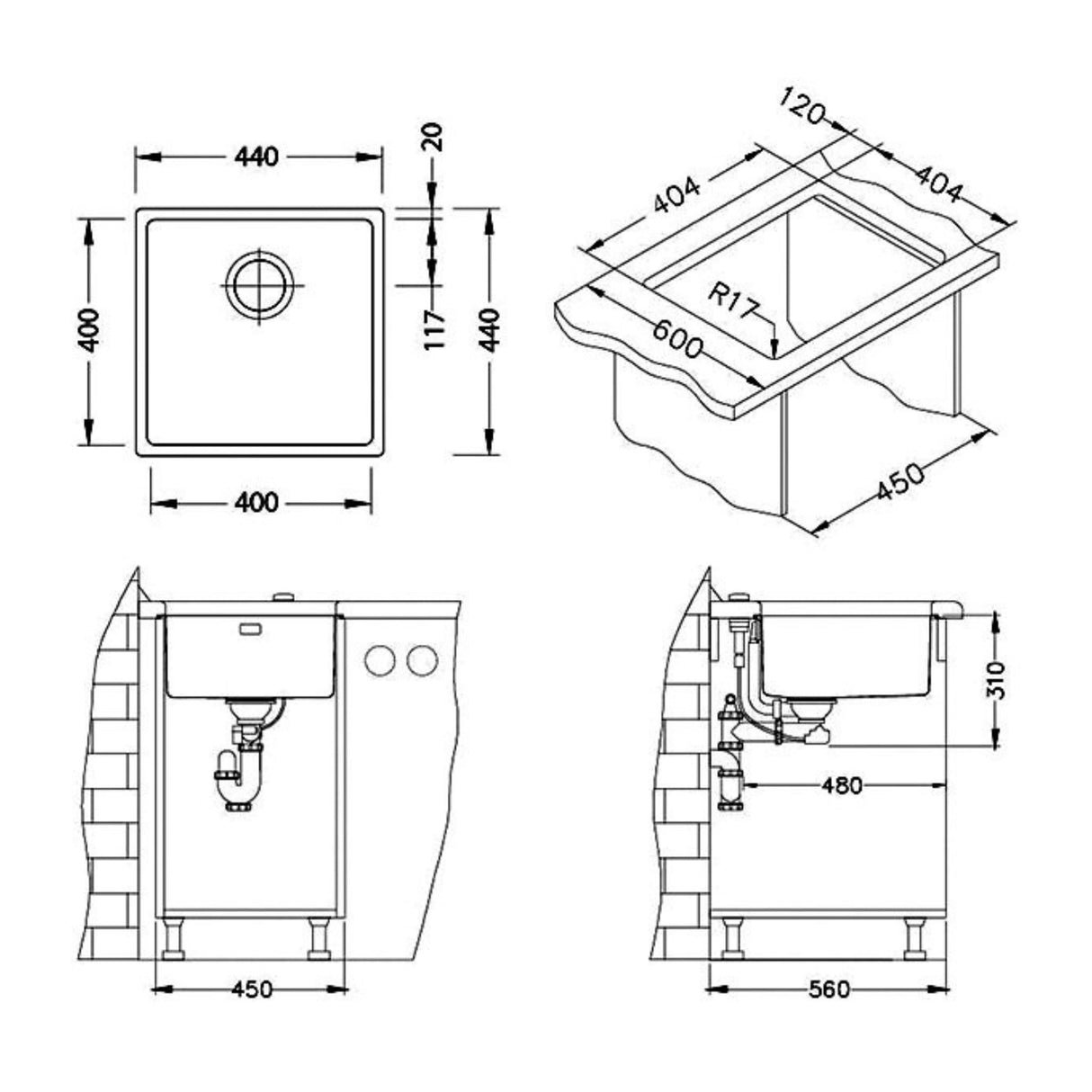 Alveus Kombino 30 1.0 Bowl Undermount Kitchen Sink Dimensions