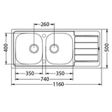 Alveus Line 100 Inset Sink For 800mm Cabinet In Double bowl single drainer Stainless Steel 1149124N Dimensions