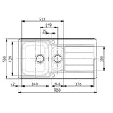Alveus Line 10 Inset Sink For 600mm Cabinet In One and half bowl Stainless Steel 1067695N Dimensions