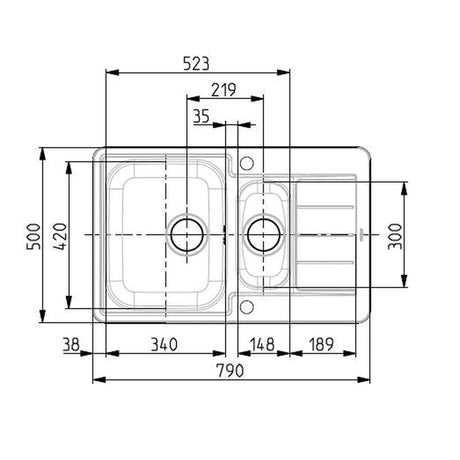 Alveus Line 70 Inset Sink For 500mm Cabinet In One and half bowl Stainless Steel 1065684N Dimensions