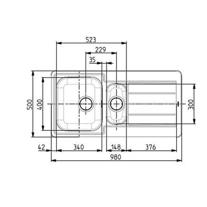 Alveus Line Maxim 10 Inset Sink For 600mm Cabinet In One and half bowl Stainless Steel 1085943N Dimensions