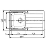Alveus Line Maxim 20 Inset Sink For 500mm Cabinet In Single bowl single drainer Stainless Steel 1085945N Dimensions