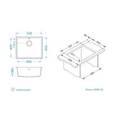 Alveus Omni 30 Undermount Sink For 600mm Cabinet In Single bowl Arctic 1150051N Dimensions