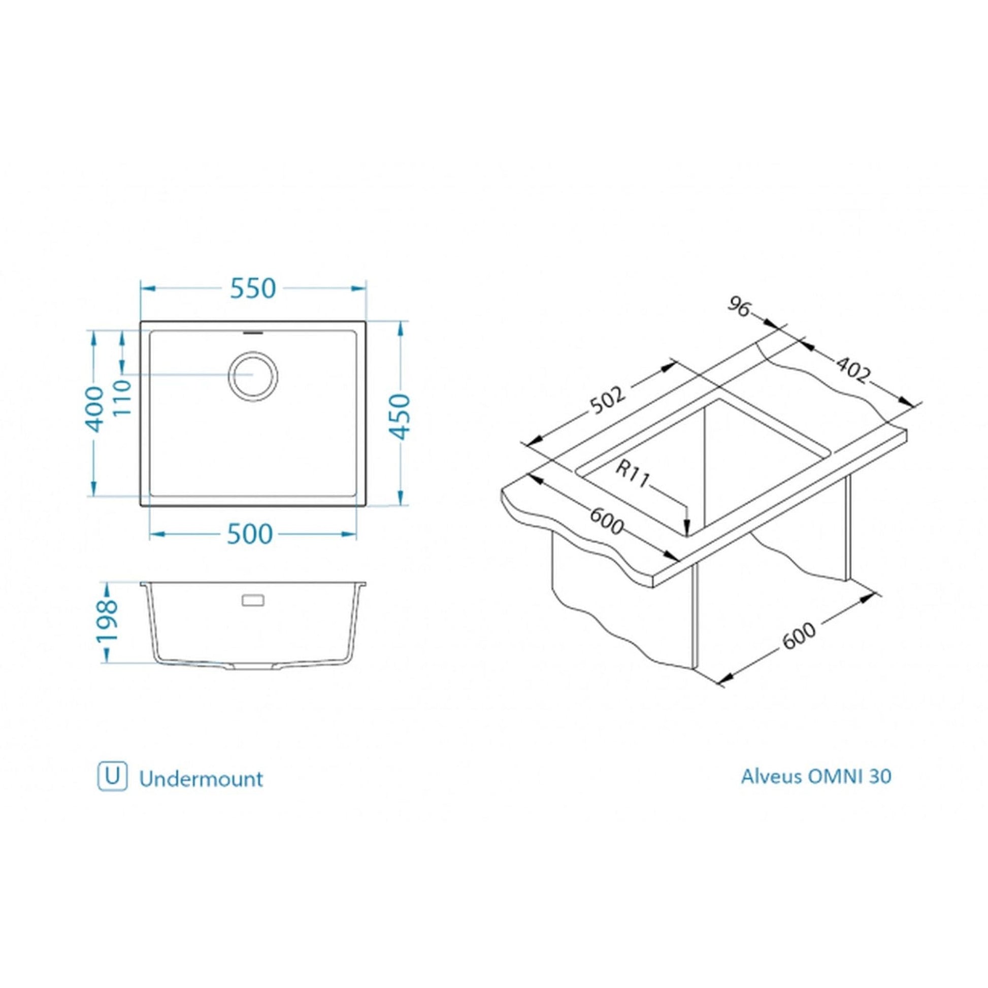Alveus Omni 30 Undermount Sink For 600mm Cabinet In Single bowl Arctic 1150051N Dimensions