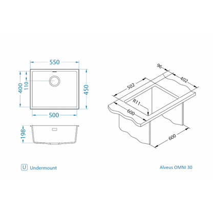 Alveus Omni 30 Undermount Sink For 600mm Cabinet In Single bowl Black  1150057N Dimensions