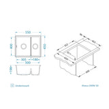 Alveus Omni 50 Undermount Sink For 600mm Cabinet In Single bowl single drainer Arctic 1150065N Dimensions