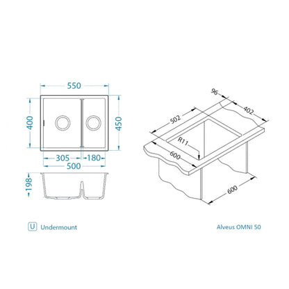 Alveus Omni 50 Undermount Sink For 600mm Cabinet In Single bowl single drainer Arctic 1150065N Dimensions