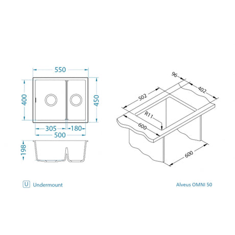 Alveus Omni 50 Undermount Sink For 600mm Cabinet In Single bowl single drainer Arctic 1150065N Dimensions