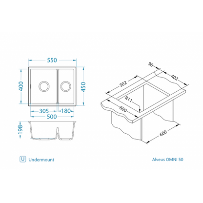 Alveus Omni 50 Undermount Sink For 600mm Cabinet In Single bowl single drainer Black 1150071N Dimensions