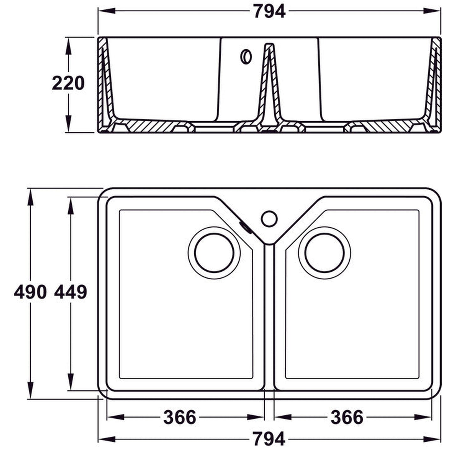 Bidbury & Co. Alderley Belfast Mount Double Bowl Kitchen Sink For 800mm Cabinet in Fire Clay Ceramic White 56563735 Dimension