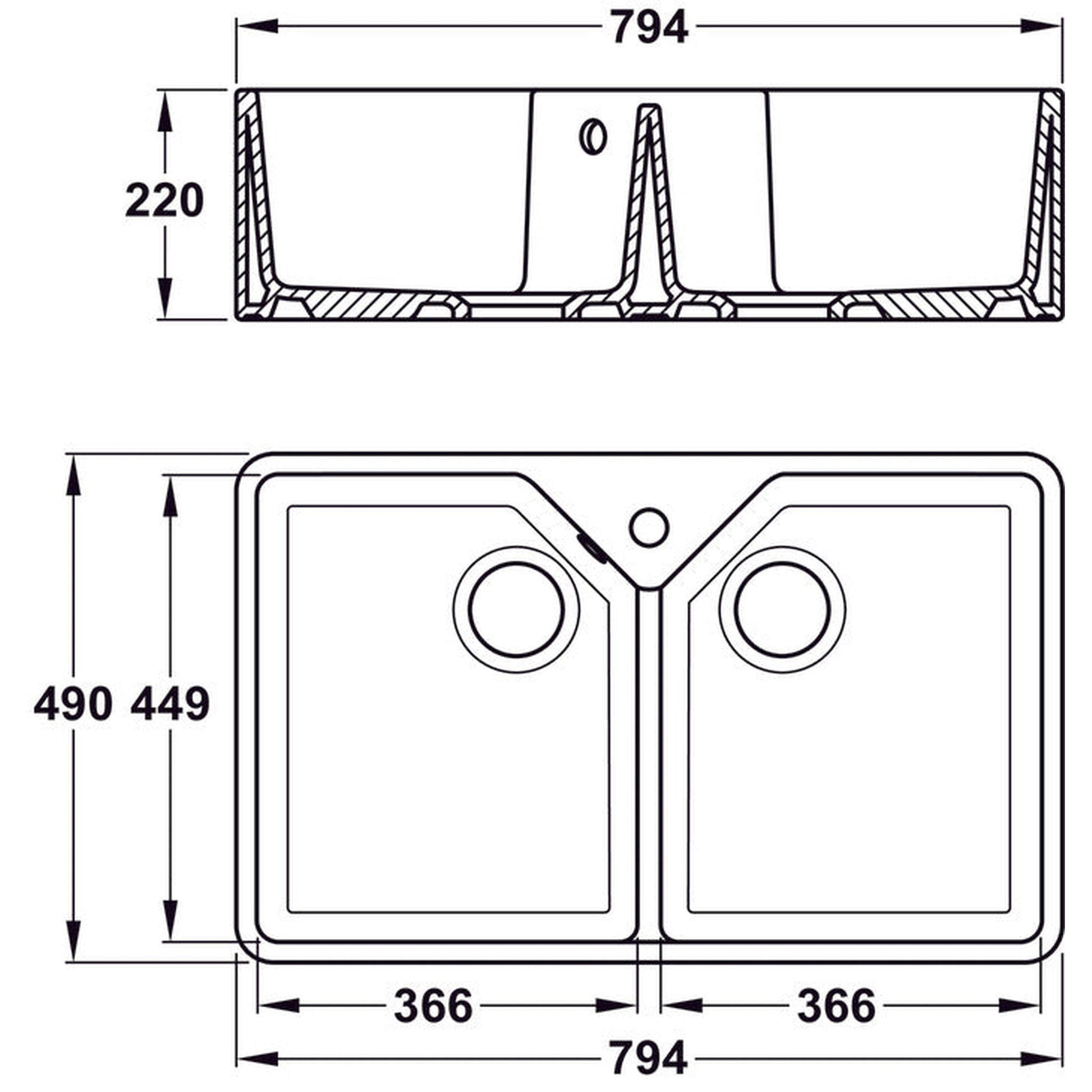 Bidbury & Co. Alderley Belfast Mount Double Bowl Kitchen Sink For 800mm Cabinet in Fire Clay Ceramic White 56563735 Dimension
