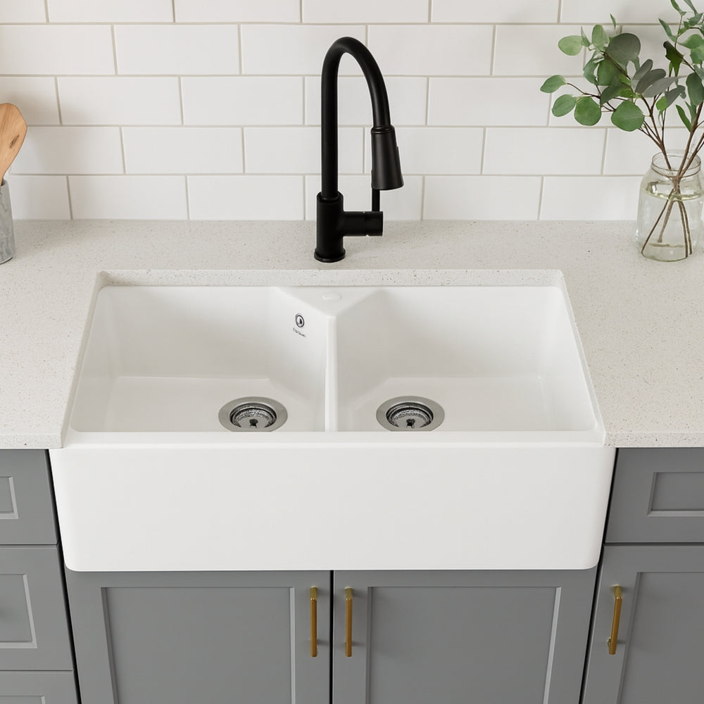 Bidbury & Co. Alderley Belfast Mount Double Bowl Kitchen Sink For 800mm Cabinet in Fire Clay Ceramic White Life Style