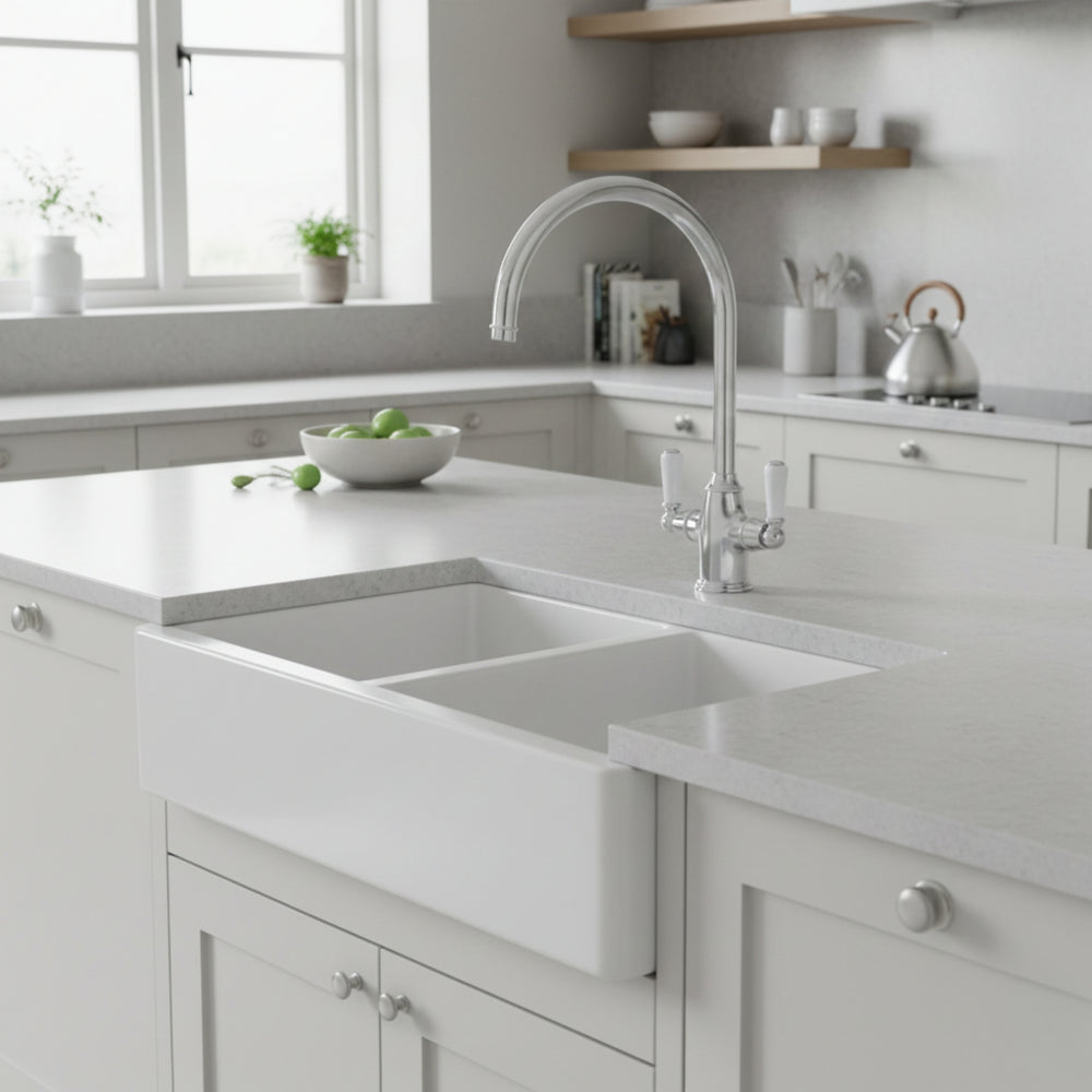 Bidbury & Co. Amesbury C-Spout Porcelain Handles Mixer Tap with Dual Lever in Chrome Life Style