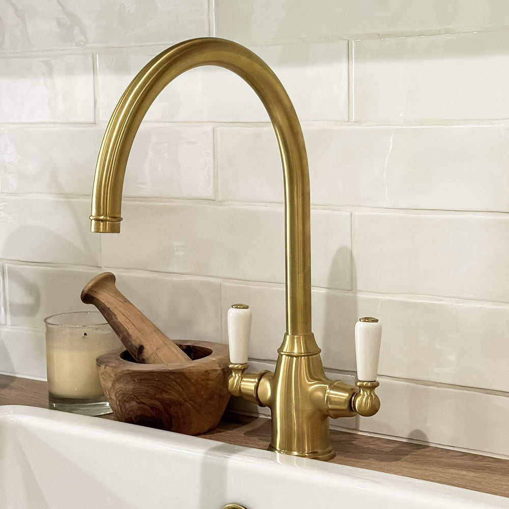 Bidbury & Co. Amesbury C-Spout Porcelain Handles Mixer Tap with Dual Lever in Old English Brass Life Style