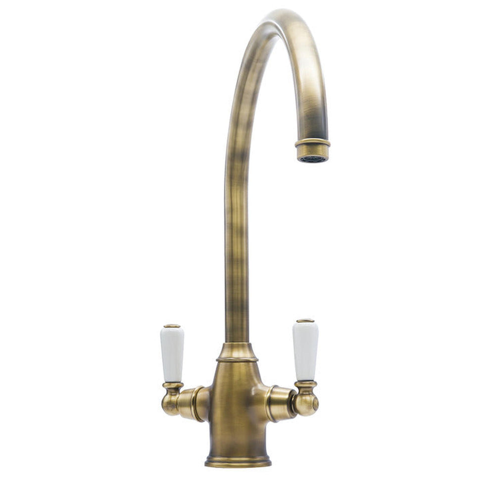 Bidbury & Co. Amesbury C-spout Porcelain Handles Mixer Tap With Dual Lever Patinated Brass 57865600
