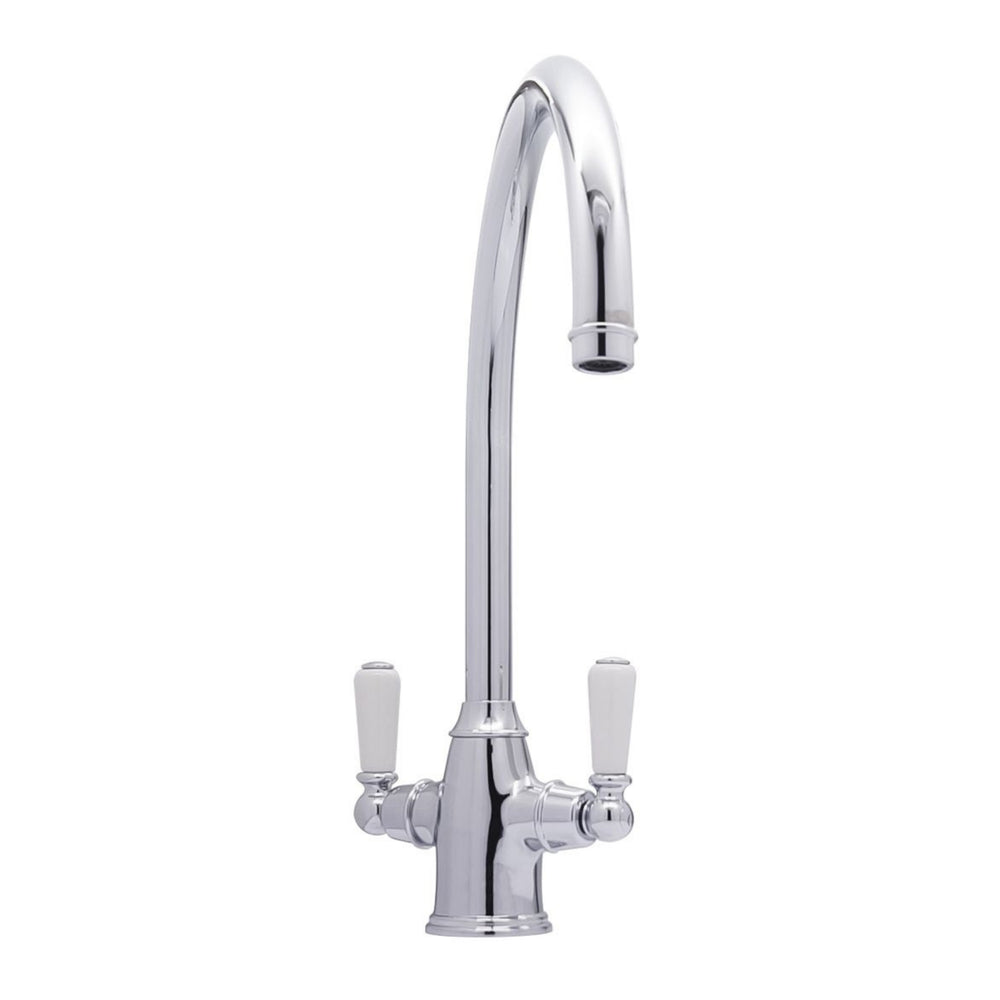 Bidbury & Co. Amesbury C-Spout Porcelain Handles Mixer Tap with Dual Lever in Chrome