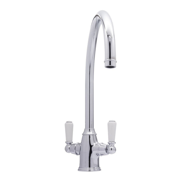 Bidbury & Co. Amesbury C-Spout Porcelain Handles Mixer Tap with Dual Lever in Chrome