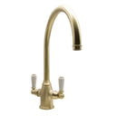 Bidbury & Co. Amesbury C-Spout Porcelain Handles Mixer Tap with Dual Lever in Old English Brass
