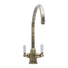 Bidbury & Co. Amesbury C-Spout Porcelain Handles Mixer Tap with Dual Lever in Patinated Brass