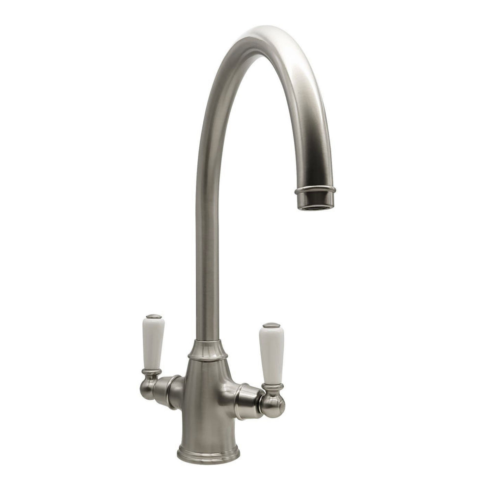 Bidbury & Co. Amesbury C-Spout Porcelain Handles Mixer Tap with Dual Lever in Pewter