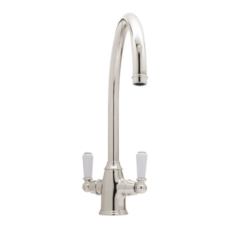 Bidbury & Co. Amesbury C-Spout Porcelain Handles Mixer Tap with Dual Lever in Polished Nickel