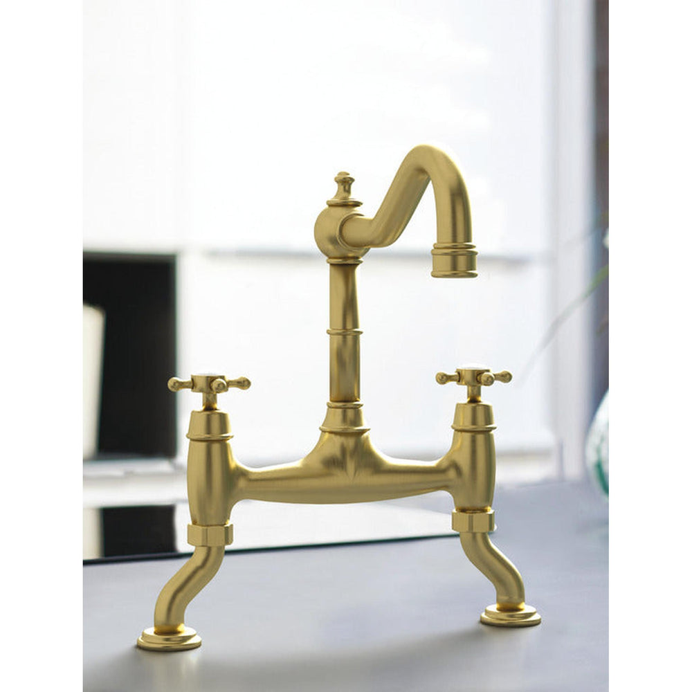 Bidbury & Co. Fairford Country Style Spout Traditional Bridge Tap With Crosshead Handles Old English  Brass 1