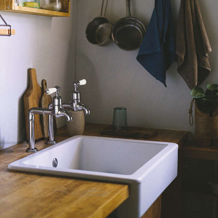 Bidbury & Co. Hanford Kitchen Taps with White Tipped Lever Handles & Classic Bibcock Design