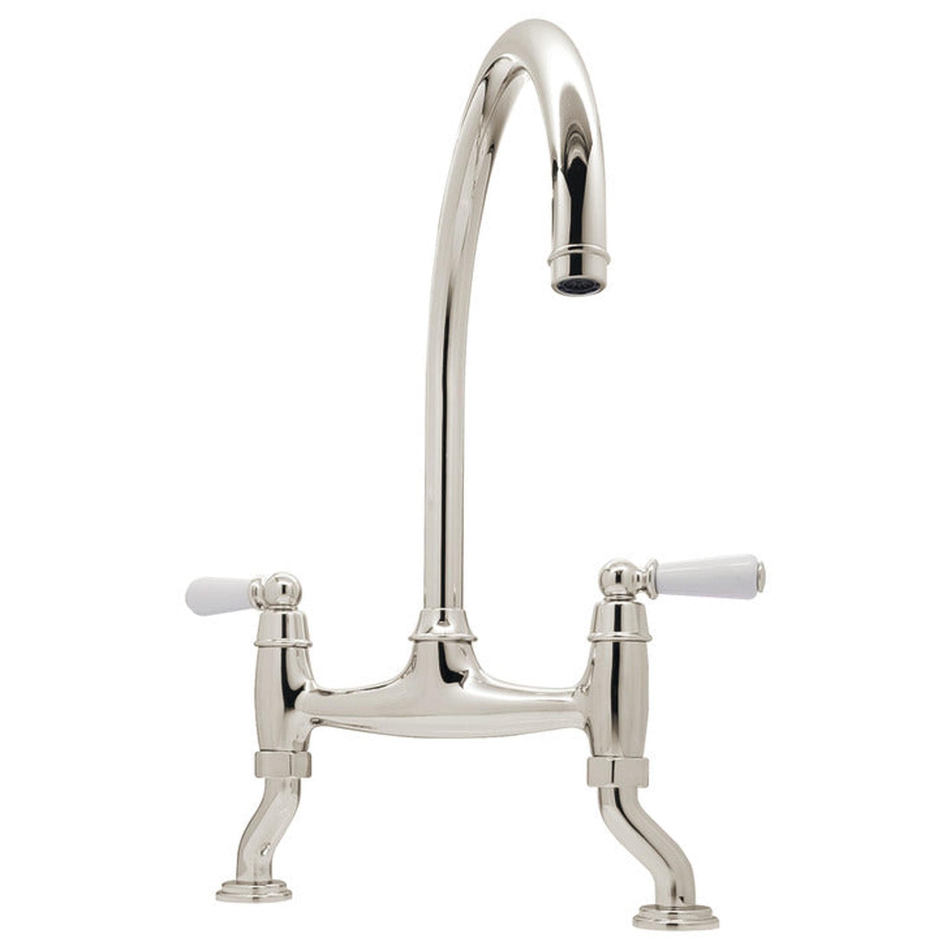 Bidbury & Co. Moreton C-spout Traditional Bridge Tap With Porcelain HandlesPolished Nickel 