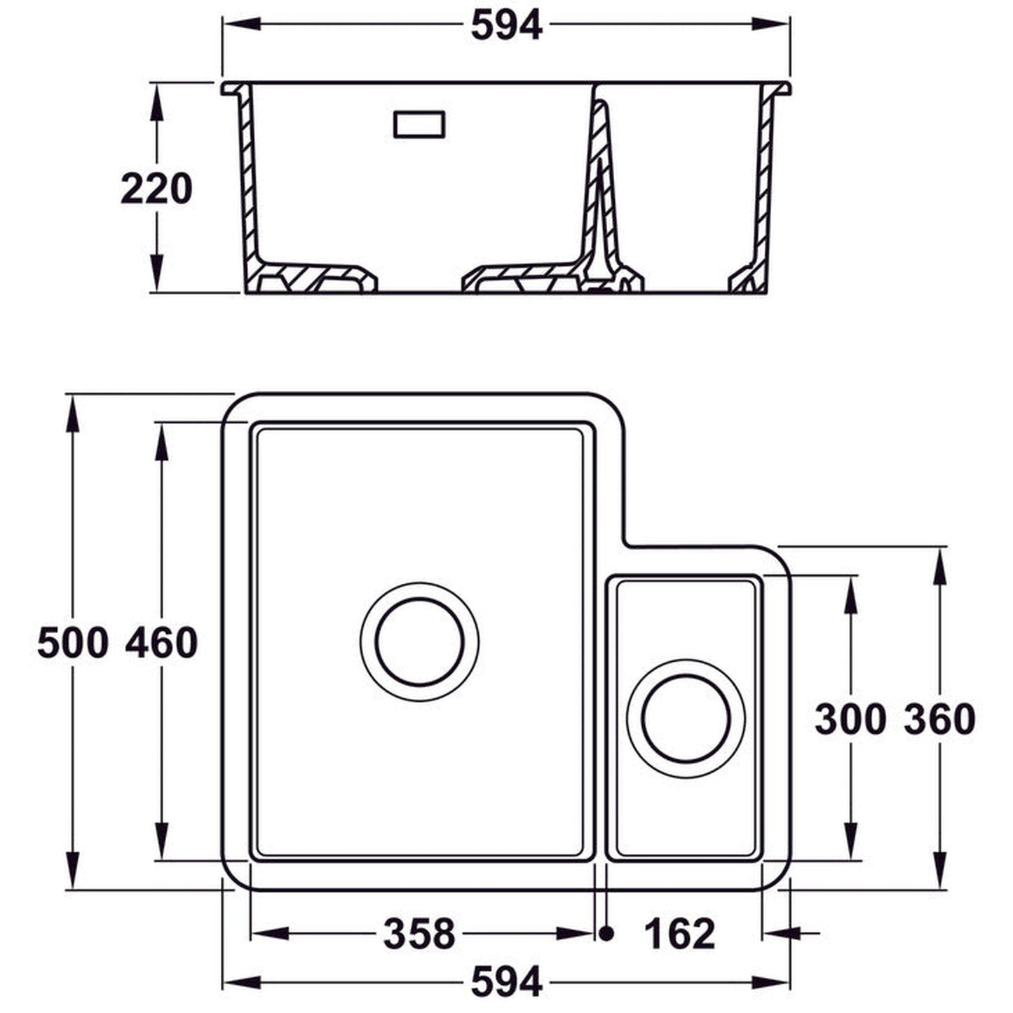 Bidbury & Co. Ryeford Undermount Inset Mount One and Half Bowl Kitchen Sink For 600mm Cabinet in Ceramic White 56563732  Dimension