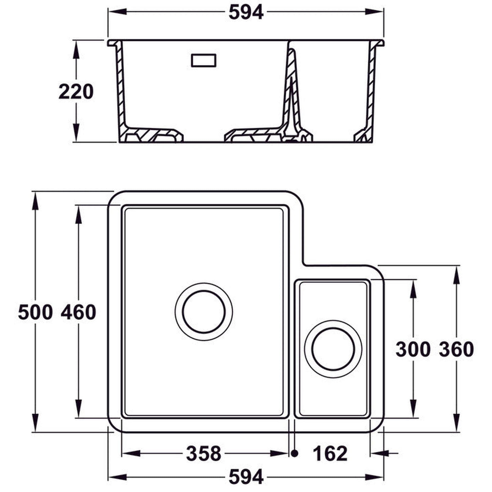 Bidbury & Co. Ryeford Undermount Inset Mount One and Half Bowl Kitchen Sink For 600mm Cabinet in Ceramic White 56563732  Dimension