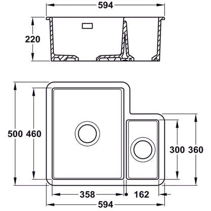 Bidbury & Co. Ryeford Undermount Inset Mount One and Half Bowl Kitchen Sink For 600mm Cabinet in Ceramic White 56563732  Dimension