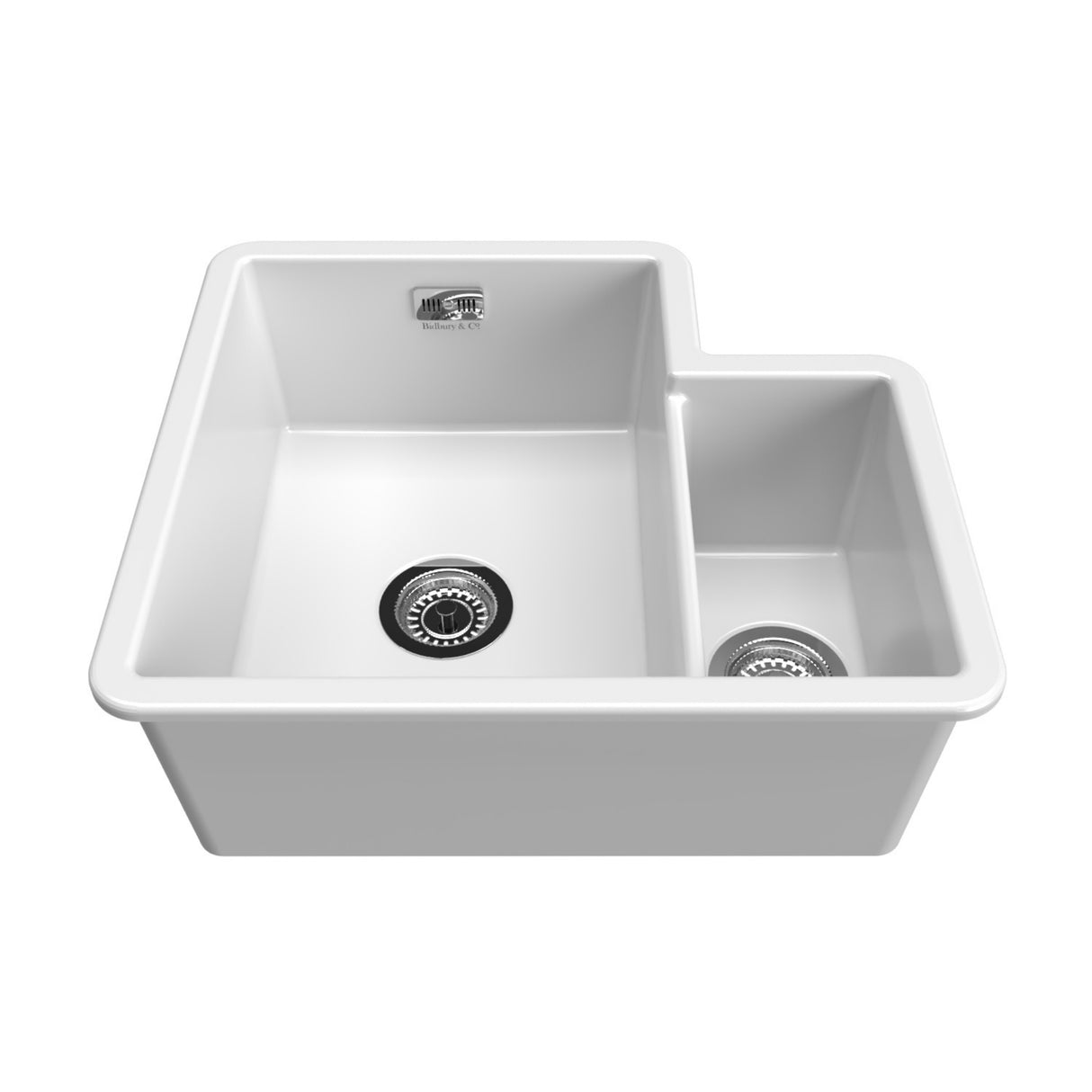 Bidbury & Co. Ryeford Undermount Inset Mount One and Half Bowl Kitchen Sink For 600mm Cabinet in Ceramic White with Wastes