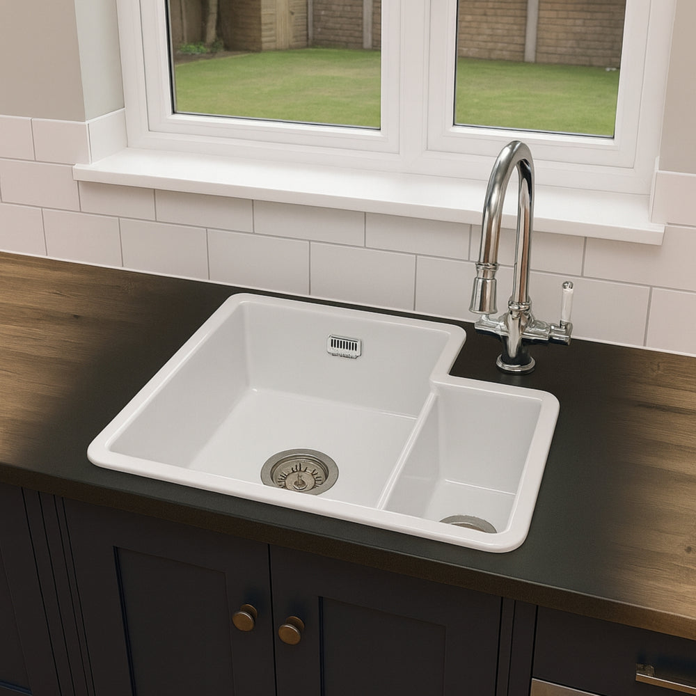 Bidbury & Co. Ryeford Undermount Inset Mount One and Half Bowl Kitchen Sink For 600mm Cabinet in Ceramic White with Wastes Life Style