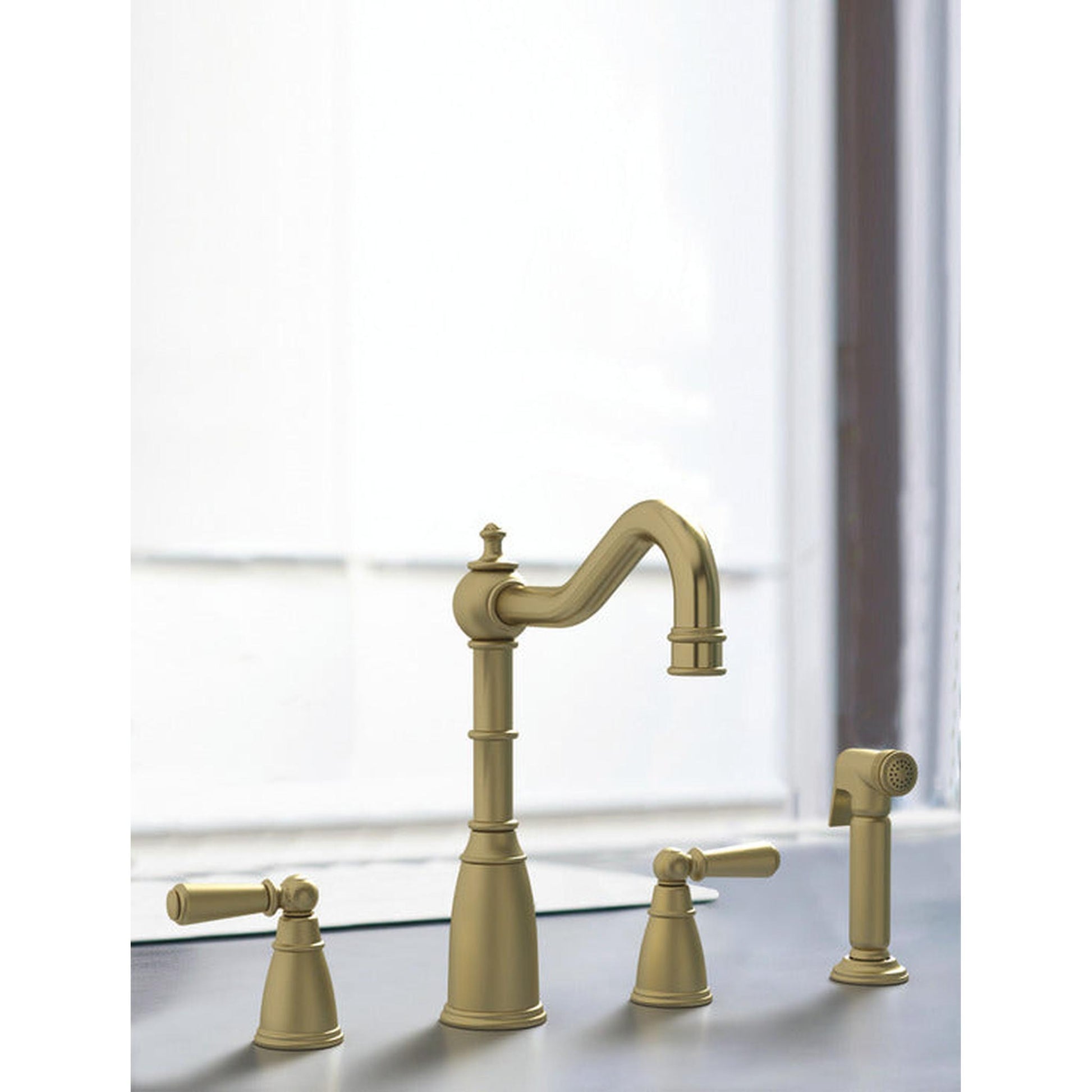 Bidbury & Co. Stockwell Country Style Spout 4-Hole Mixer Tap with Metal Lever Handles and Pull Out SprayOld English Brass 57866860 1