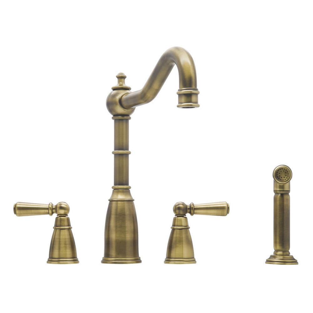 Bidbury & Co. Stockwell Country Style Spout 4-Hole Mixer Tap with Metal Lever Handles and Pull Out Spray Patinated Brass 57866660
