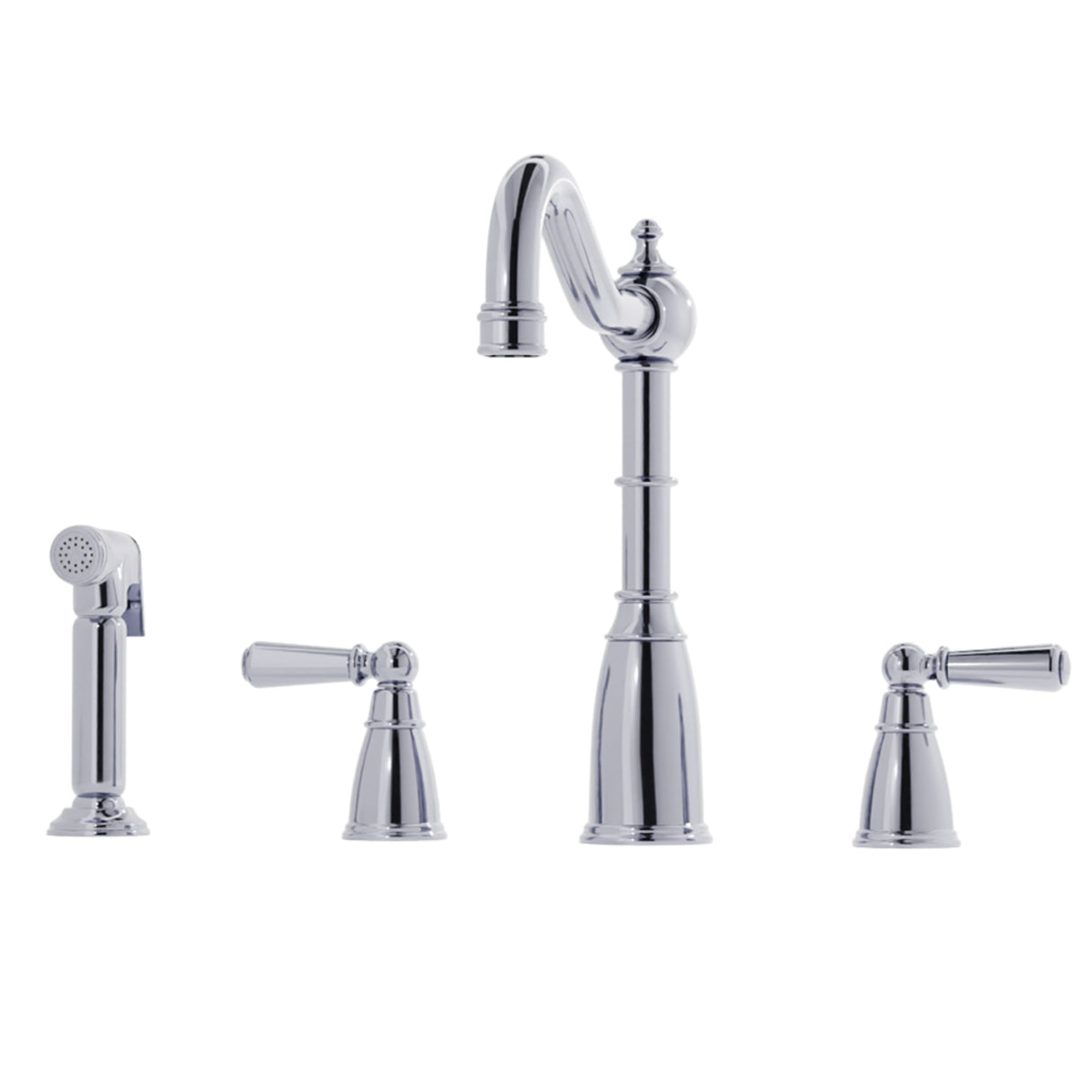 Bidbury & Co Stockwell Country Style Spout 4-Hole Mixer Tap with Metal Lever Handles and Pull Out Spray in Chrome