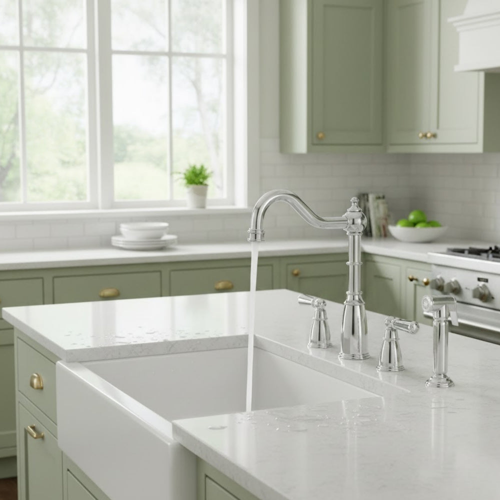 Bidbury & Co Stockwell Country Style Spout 4-Hole Mixer Tap with Metal Lever Handles and Pull Out Spray in Chrome Life Style