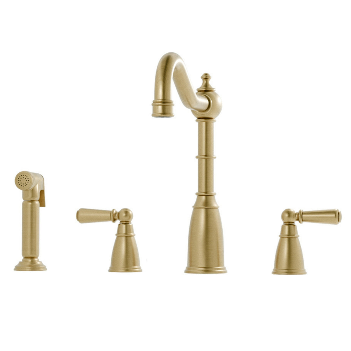 Bidbury & Co Stockwell Country Style Spout 4-Hole Mixer Tap with Metal Lever Handles and Pull Out Spray in Old English Brass