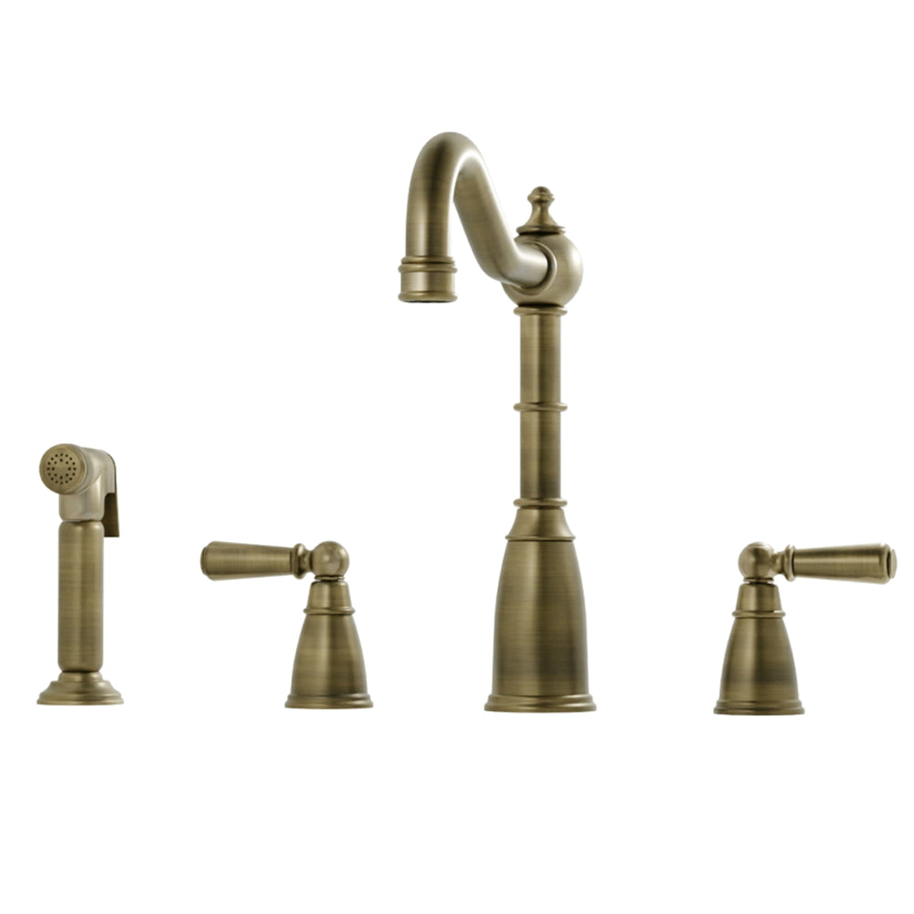 Bidbury & Co Stockwell Country Style Spout 4-Hole Mixer Tap with Metal Lever Handles and Pull Out Spray in Patinated Brass
