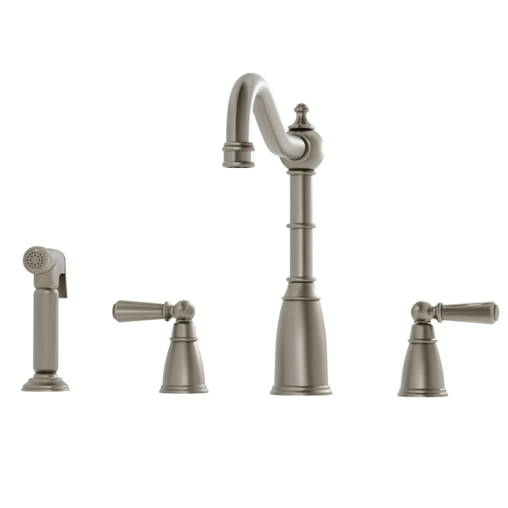 Bidbury & Co Stockwell Country Style Spout 4-Hole Mixer Tap with Metal Lever Handles and Pull Out Spray in Pewter