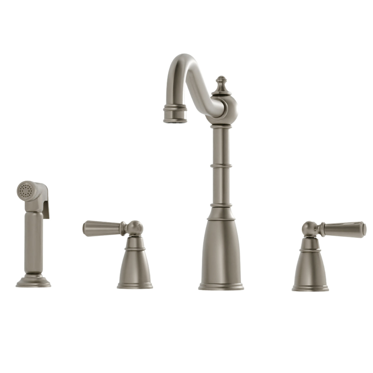 Bidbury & Co Stockwell Country Style Spout 4-Hole Mixer Tap with Metal Lever Handles and Pull Out Spray in Pewter