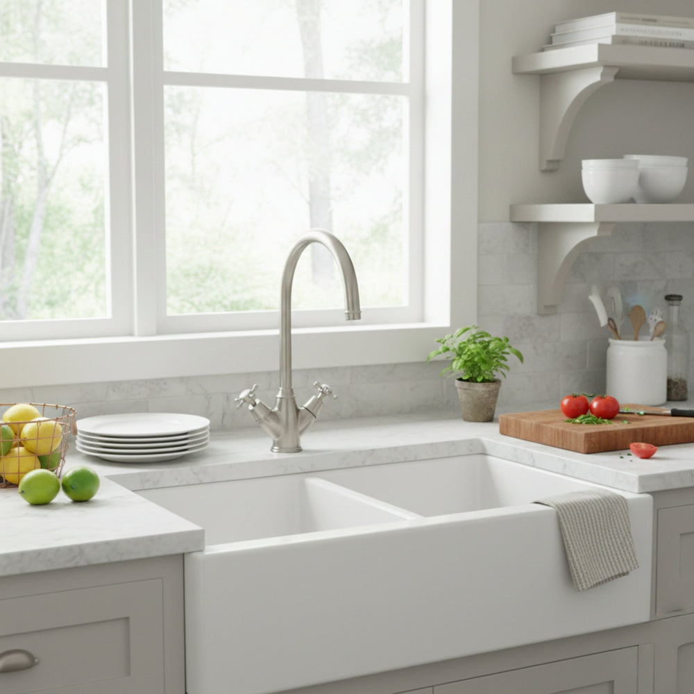 Bidbury & Co Yorkley C-Spout Crosshead Handles with Dual Lever Mixer Tap in Chrome Life Style