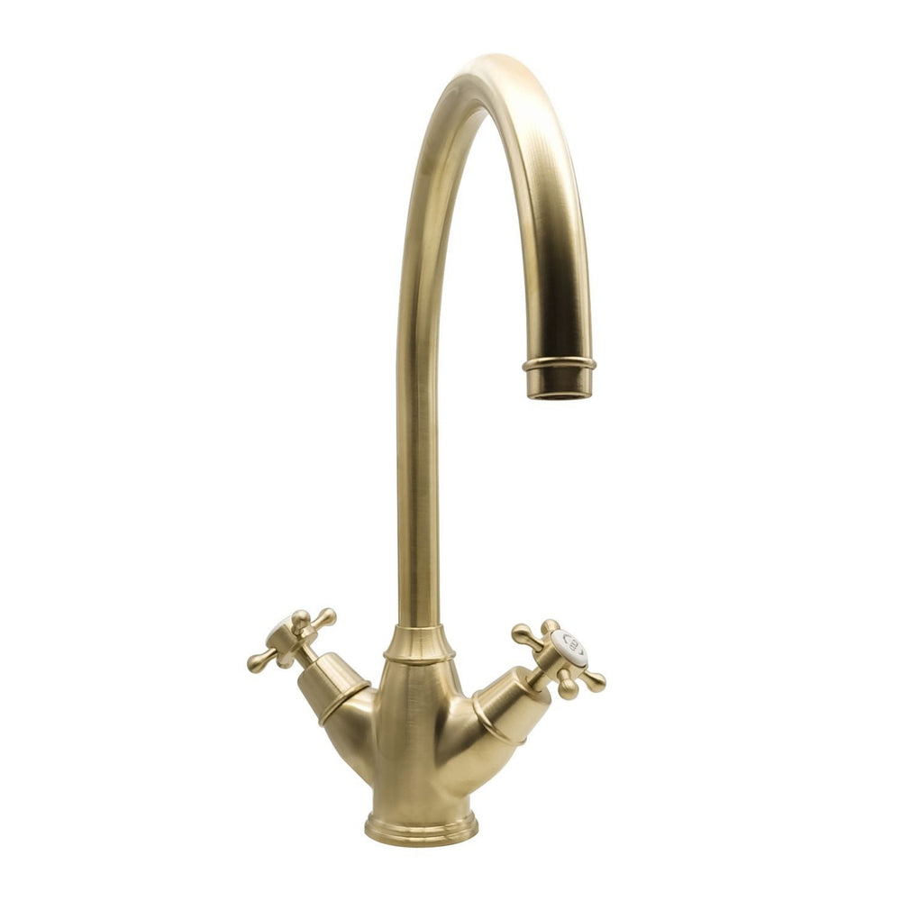 Bidbury & Co Yorkley C-Spout Crosshead Handles with Dual Lever Mixer Tap in Old English Brass