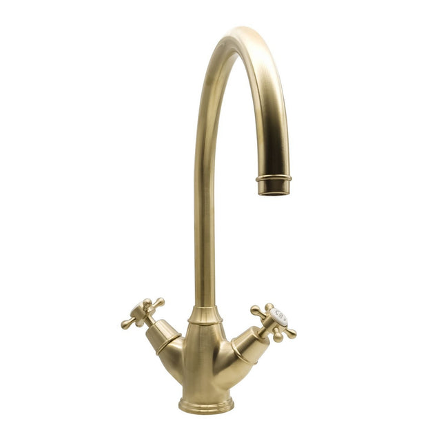 Bidbury & Co Yorkley C-Spout Crosshead Handles with Dual Lever Mixer Tap in Old English Brass