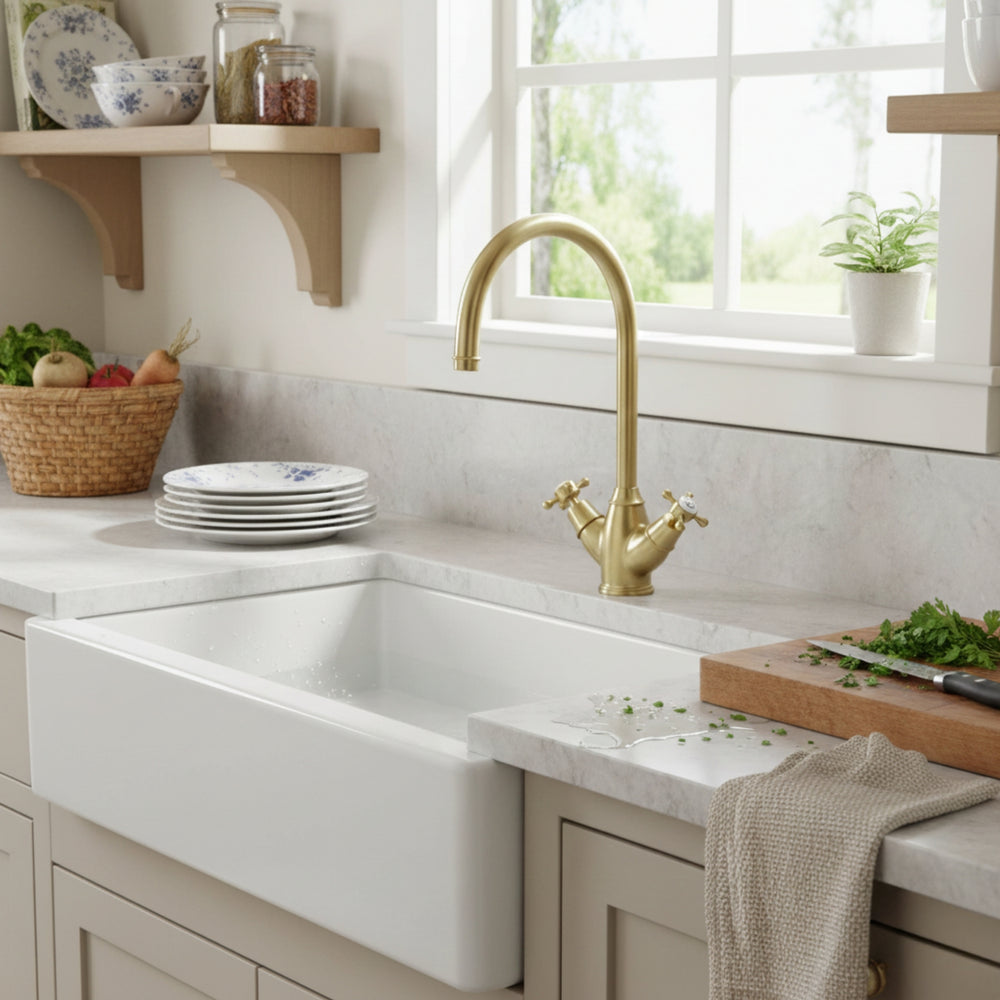 Bidbury & Co Yorkley C-Spout Crosshead Handles with Dual Lever Mixer Tap in Old English Brass Life Style