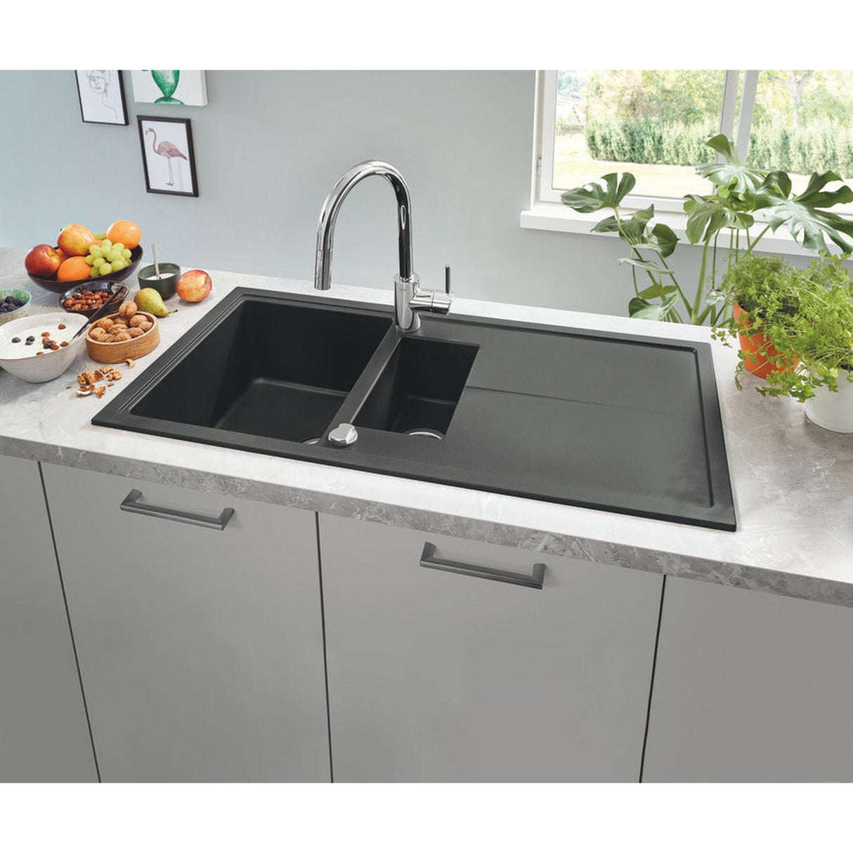 GROHE K400 Inset Mount One and Half Bowl, Quartz Composite Kitchen Sink For 600mm Cabinet in Stainless Steel Black 57041470 Lifestyle